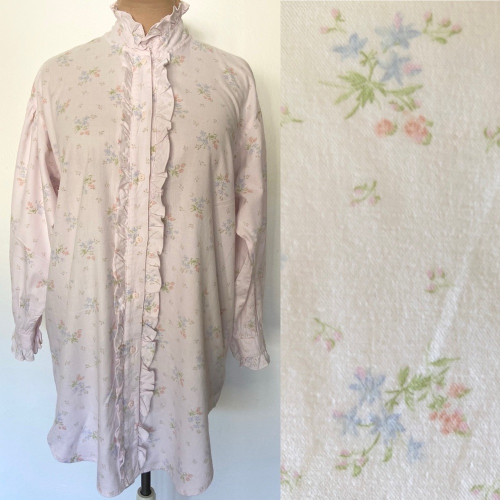 Vintage 80s Flannel Sleepshirt *Small* VICTORIA'S SECRET Pink Ruffled Floral